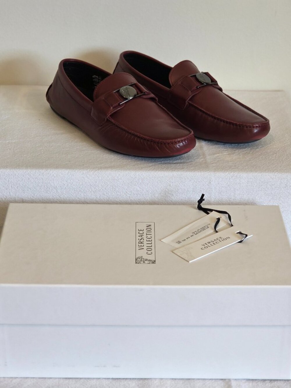 Versace Collection V900 388 Burgundy Leather Driver Loafers Men's EU 41 US 8 Mad